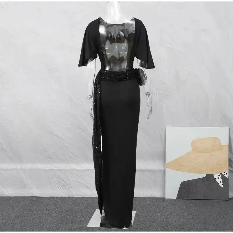 Sequin Patchwork Backless Dress Women Elegant Solid Middle Sleeve Cinched-waist Slim Long Dresses Fashion Evening Party Vestidos by Dropshipman