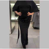 Sequin Patchwork Backless Dress Women Elegant Solid Middle Sleeve Cinched-waist Slim Long Dresses Fashion Evening Party Vestidos SHOPEZRA L.L.C.