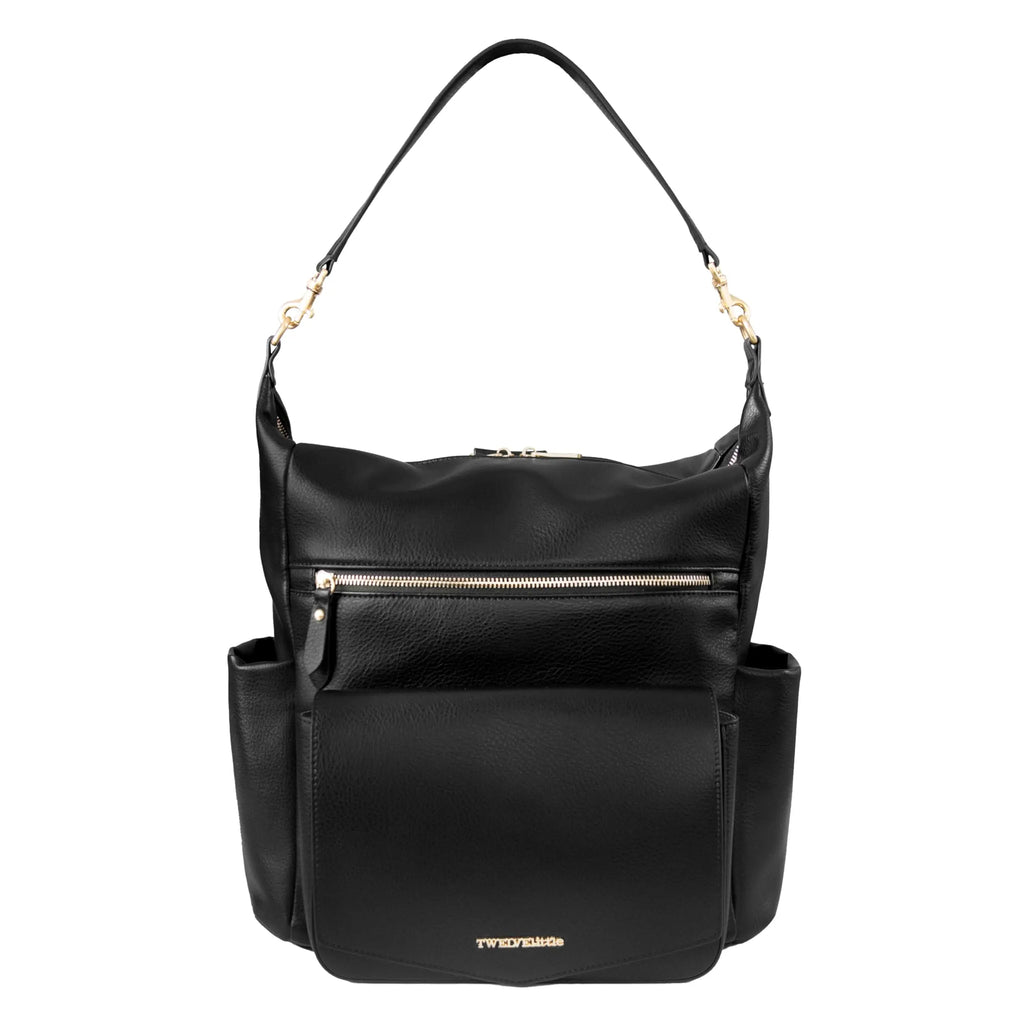 TWELVElittle vegan leather convertible diaper bag in black with multiple pockets and stylish design.