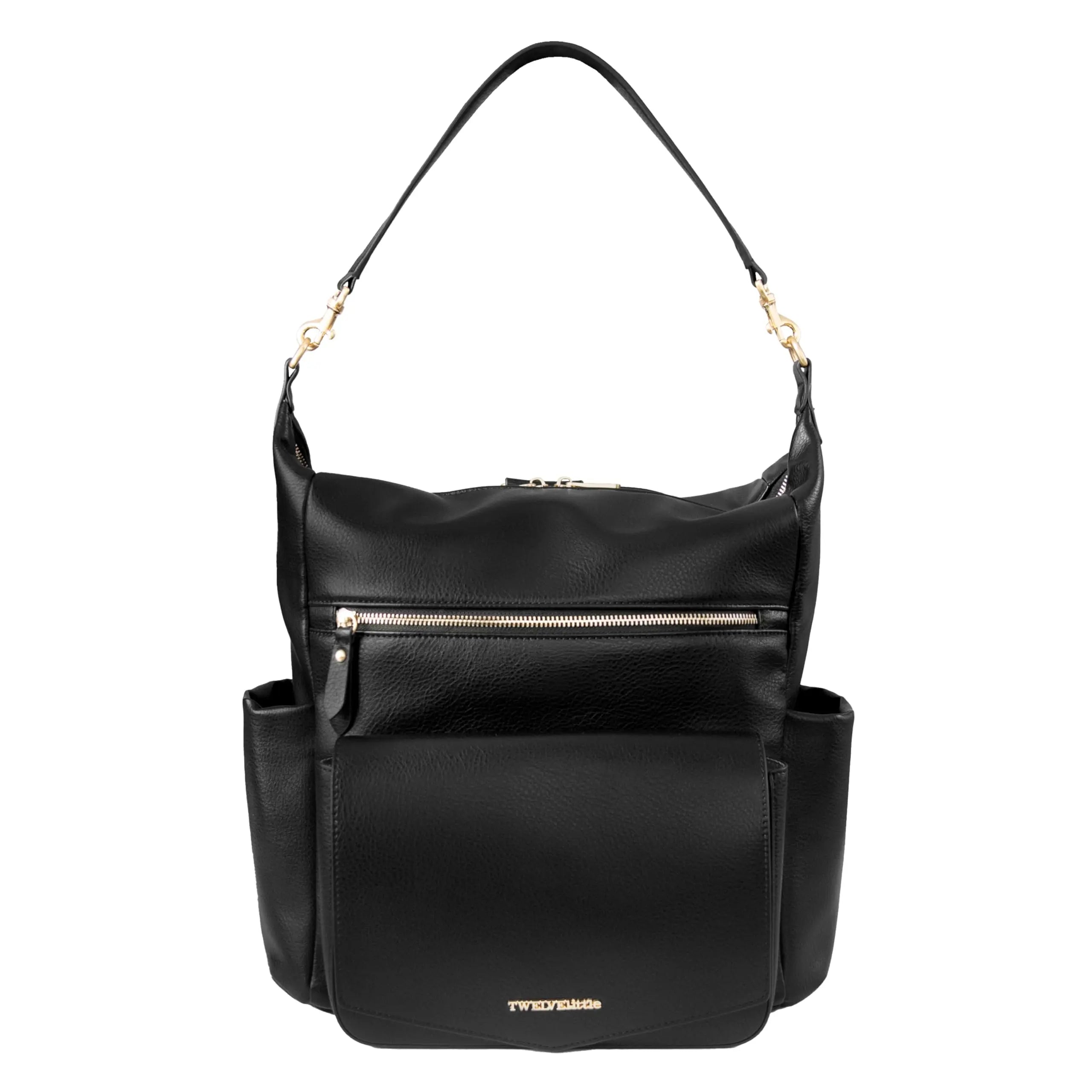TWELVElittle vegan leather convertible diaper bag in black with multiple pockets and gold accents.
