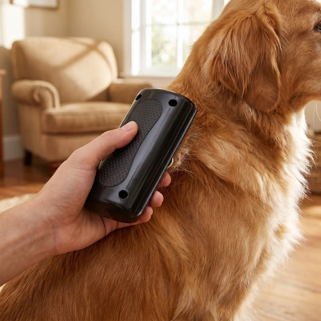 Person using a dual-sided pet grooming comb for large animals on a golden retriever at home.