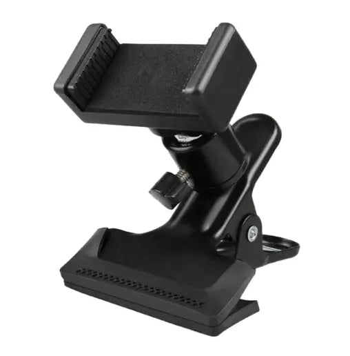Guitar phone clip stand in black color, designed to securely hold smartphones for musicians and streamers.