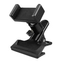 Guitar phone clip stand in black color, designed to securely hold smartphones for musicians and streamers.