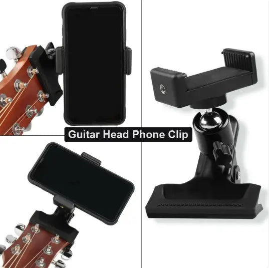 Image of a guitar phone clip stand securely holding a smartphone on a guitar for performance support.