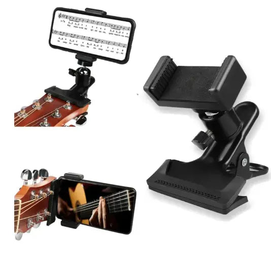 Black SHOPEZRA L.L.C. Phone Guitar Clip Stand holding a smartphone in a stable, adjustable position for hands-free use.