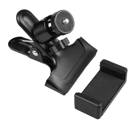 Black SHOPEZRA L.L.C. Phone Guitar Clip Stand holding a smartphone for hands-free use and music playing.