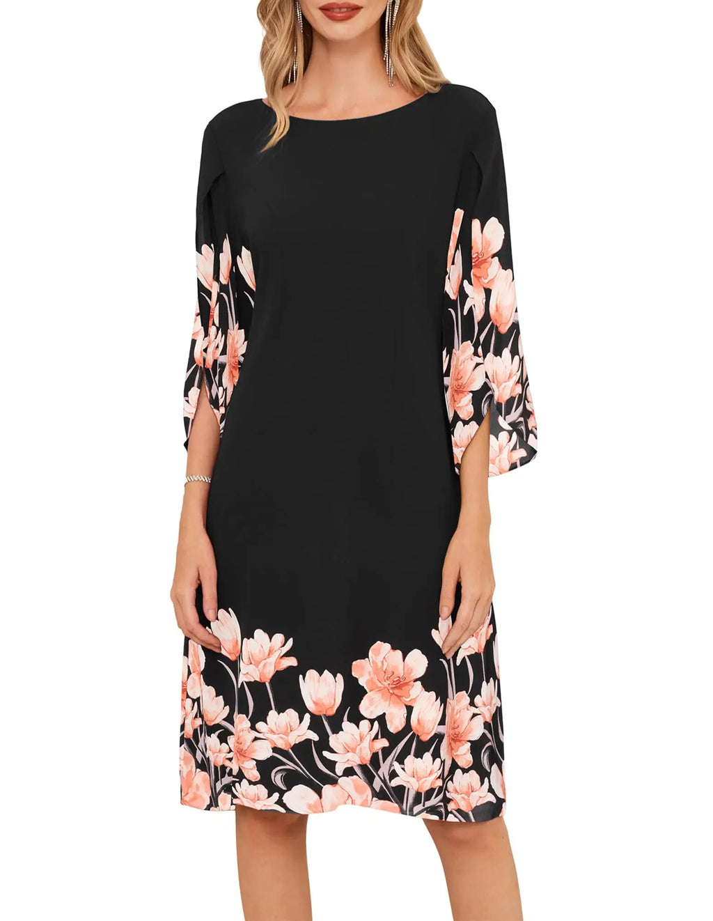 Elegant summer formal dresses featuring a black and pink flower design with 3/4 flutter sleeves for women.