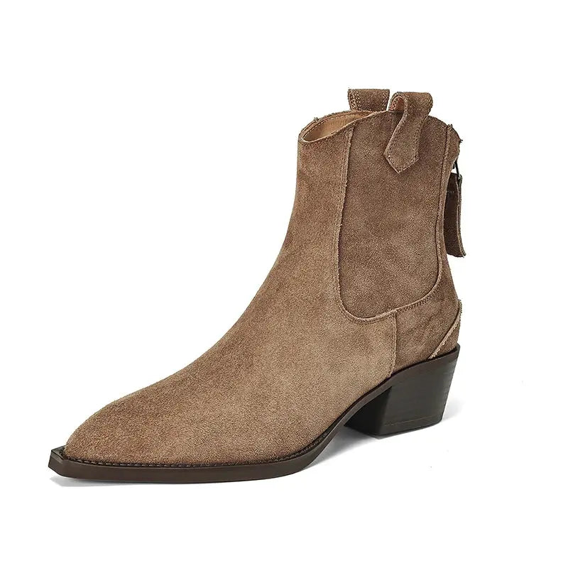 Black cow suede Western ankle boots for women with pointed toe, mid block heel, back zipper, and plush lining for autumn winter wear.