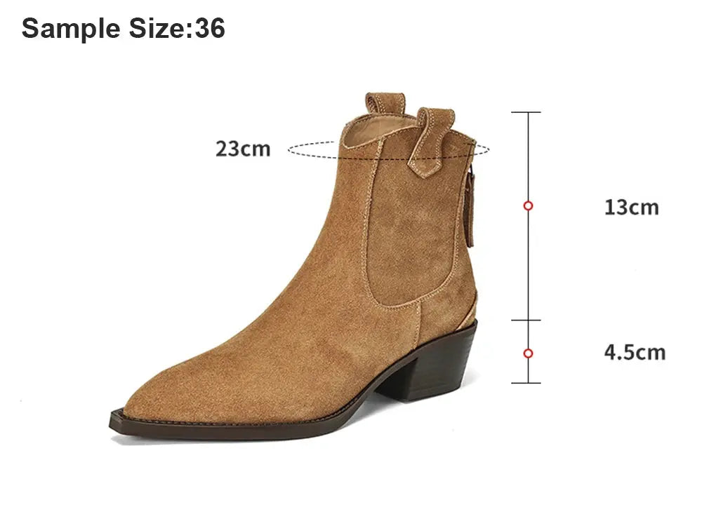 Black cow suede Western ankle boots for women with pointed toes, mid block heels, back zipper, and plush lining for autumn winter wear.