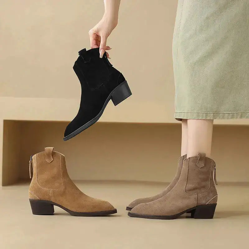 Cow Suede Women Western Boots Black Brown Khaki Mid Block Heels Back Zipper Pointed Toe Retro Ladies Autumn Winter Ankle Boots by Dropshipman