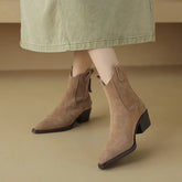 Cow Suede Women Western Boots Black Brown Khaki Mid Block Heels Back Zipper Pointed Toe Retro Ladies Autumn Winter Ankle Boots SHOPEZRA L.L.C.