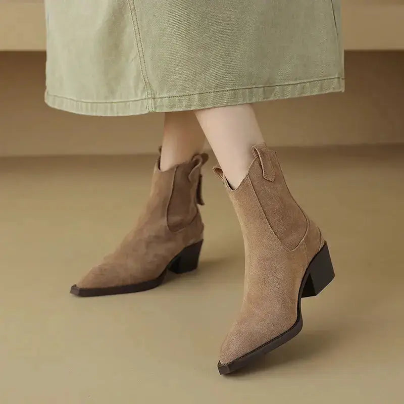 Cow Suede Women Western Boots Black Brown Khaki Mid Block Heels Back Zipper Pointed Toe Retro Ladies Autumn Winter Ankle Boots by Dropshipman