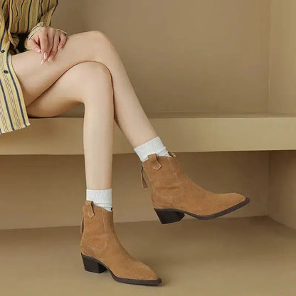 Cow Suede Women Western Boots Black Brown Khaki Mid Block Heels Back Zipper Pointed Toe Retro Ladies Autumn Winter Ankle Boots by Dropshipman
