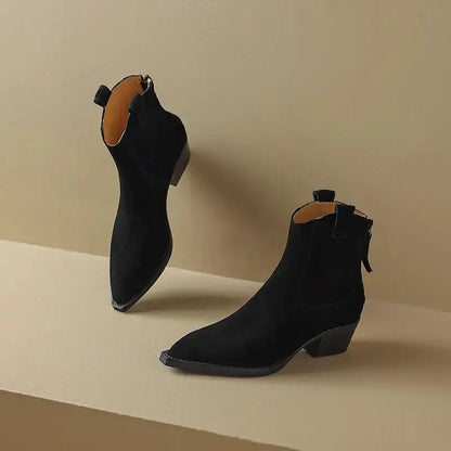 Cow Suede Women Western Boots Black Brown Khaki Mid Block Heels Back Zipper Pointed Toe Retro Ladies Autumn Winter Ankle Boots by Dropshipman