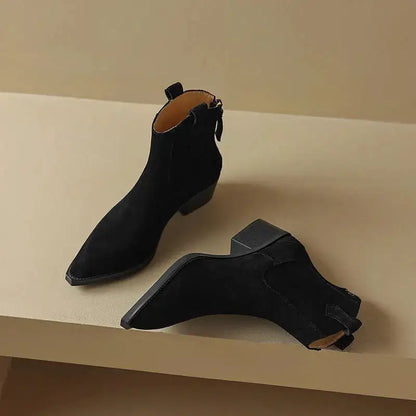 Cow Suede Women Western Boots Black Brown Khaki Mid Block Heels Back Zipper Pointed Toe Retro Ladies Autumn Winter Ankle Boots by Dropshipman