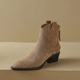 Cow Suede Women Western Boots Black Brown Khaki Mid Block Heels Back Zipper Pointed Toe Retro Ladies Autumn Winter Ankle Boots SHOPEZRA L.L.C.