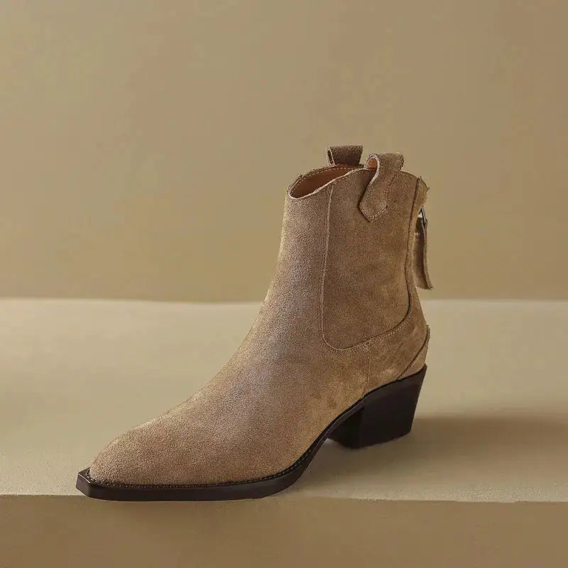 Cow Suede Women Western Boots Black Brown Khaki Mid Block Heels Back Zipper Pointed Toe Retro Ladies Autumn Winter Ankle Boots by Dropshipman