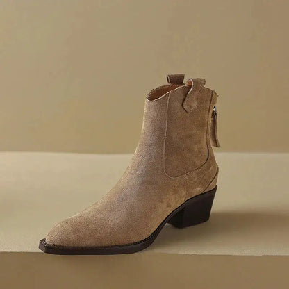 Cow Suede Women Western Boots Black Brown Khaki Mid Block Heels Back Zipper Pointed Toe Retro Ladies Autumn Winter Ankle Boots by Dropshipman
