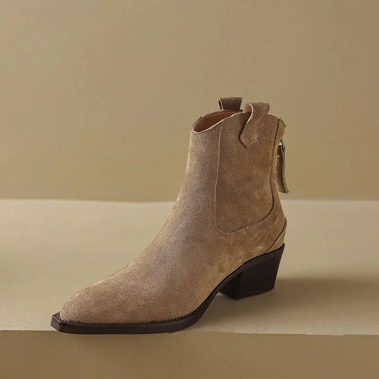 Cow Suede Women Western Boots Black Brown Khaki Mid Block Heels Back Zipper Pointed Toe Retro Ladies Autumn Winter Ankle Boots SHOPEZRA L.L.C.
