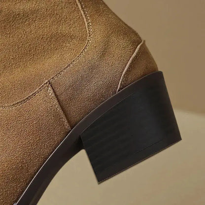 Cow Suede Women Western Boots Black Brown Khaki Mid Block Heels Back Zipper Pointed Toe Retro Ladies Autumn Winter Ankle Boots by Dropshipman