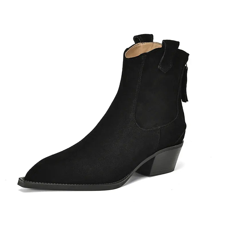 Black cow suede women's western ankle boots with pointed toes, mid block heels, back zipper, plush lining, ideal for autumn winter.