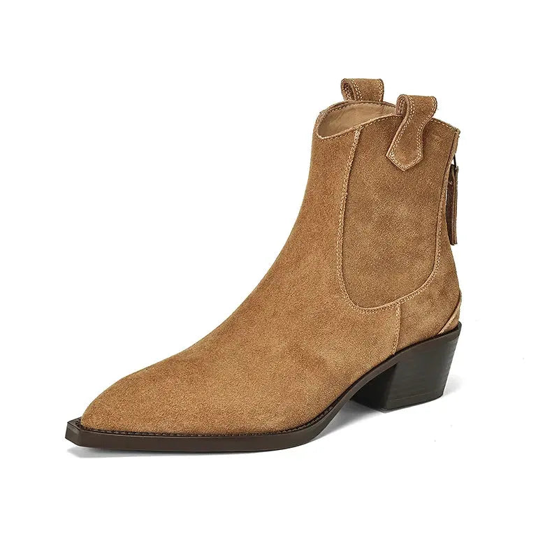 Black cow suede Western ankle boots for women with mid block heels, pointed toe, back zipper, and plush lining for autumn winter wear.