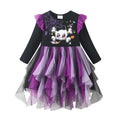 VIKITA winter tulle party dress for girls, long sleeve black and purple Halloween design with skull print and tulle skirt.