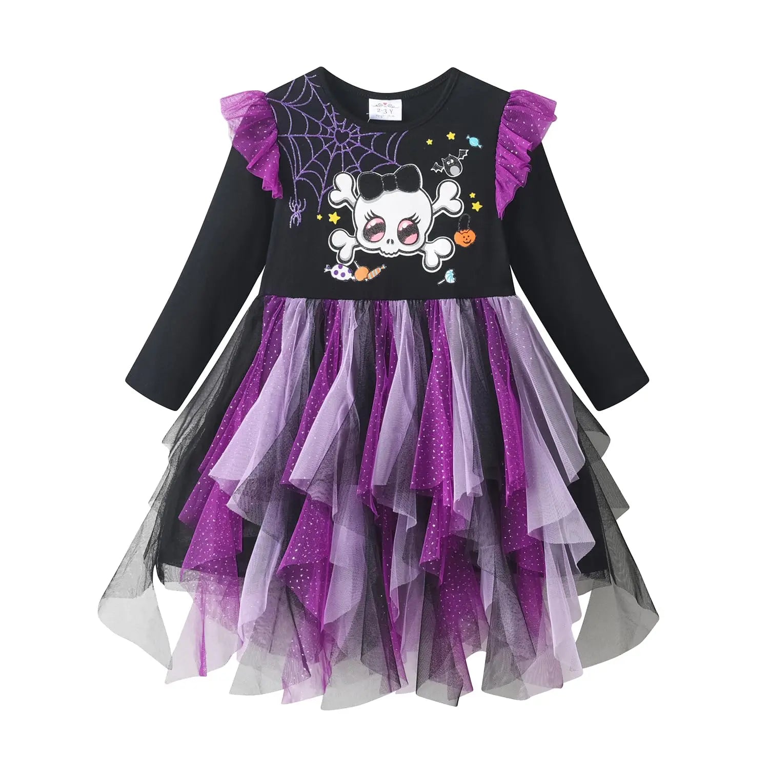 VIKITA winter tulle party dress for girls, long sleeve black and purple Halloween design with skull print and tulle skirt.