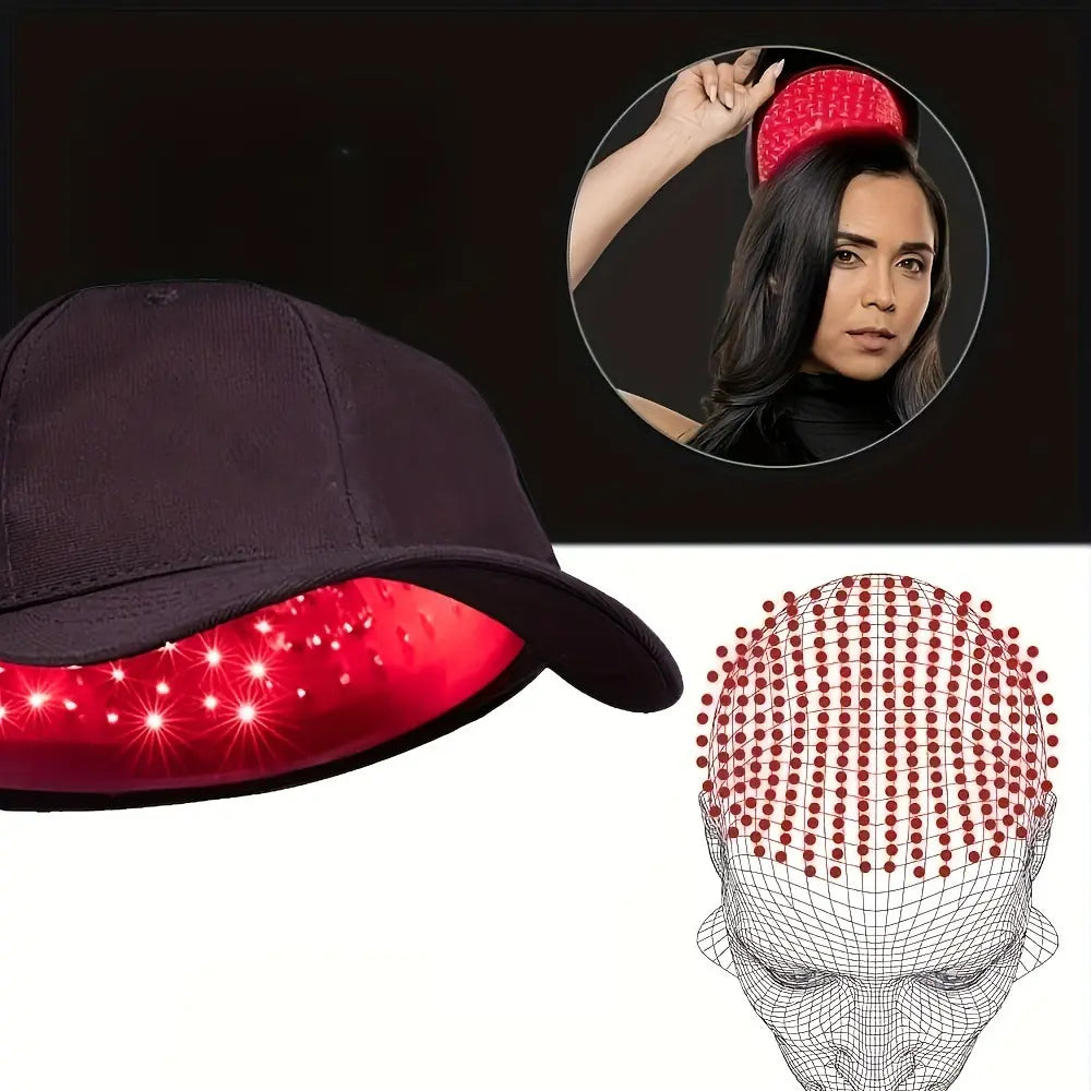 Black red light therapy cap by SHOPEZRA L.L.C. with adjustable straps and LED panels for scalp treatment and hair health.