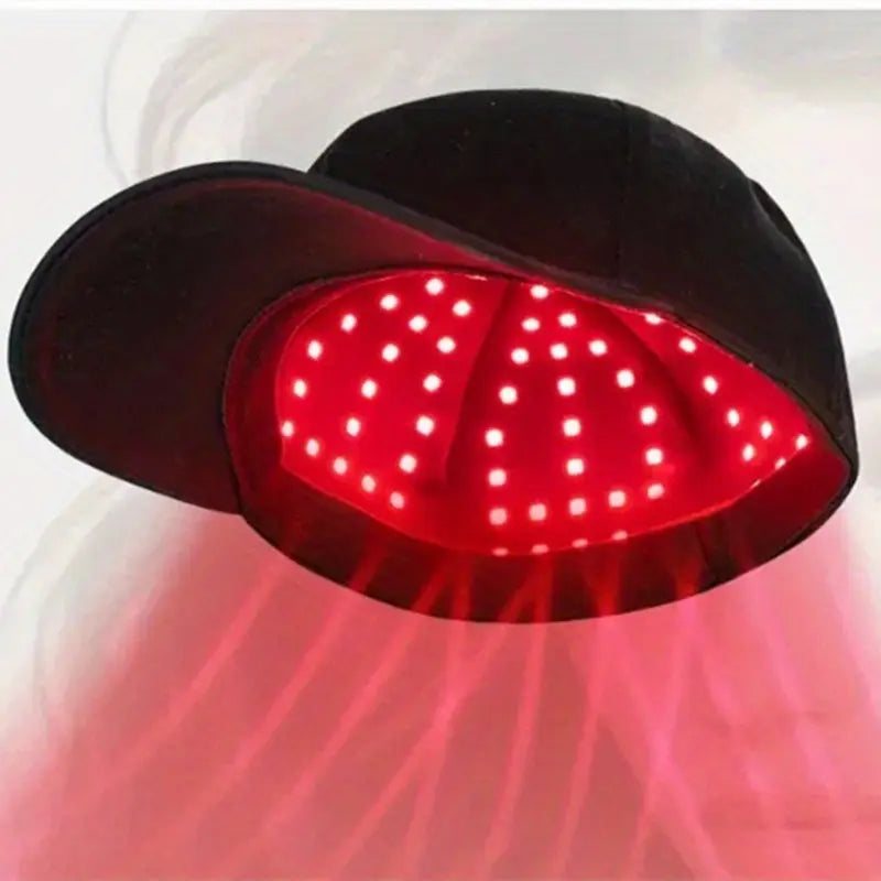 Black and red light therapy cap by SHOPEZRA L.L.C. designed for scalp treatment, with adjustable straps and LED lights visible.