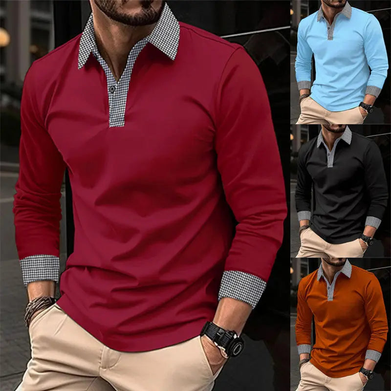 Black men's long-sleeved polo shirt by SHOPEZRA L.L.C. with contrast color print, suitable for spring and autumn casual wear.