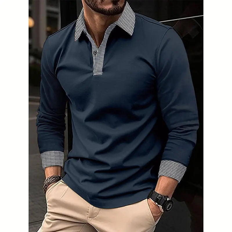 Black men's long-sleeved polo shirt by Shopezra L.L.C. with contrast color print, suitable for spring and autumn casual wear.