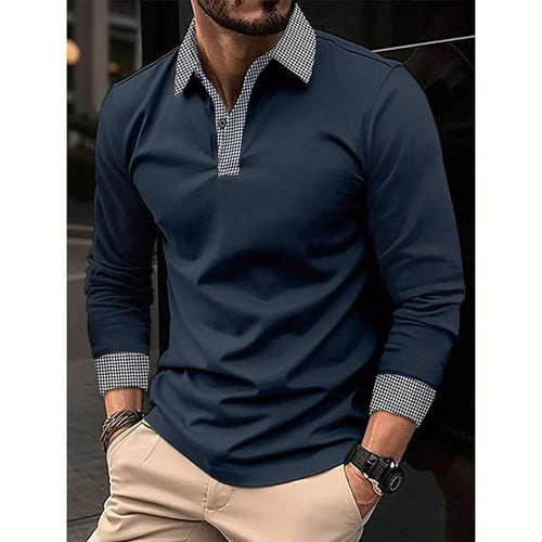 Black men's long-sleeved polo shirt by Shopezra L.L.C. with contrast color print, suitable for spring and autumn casual wear.