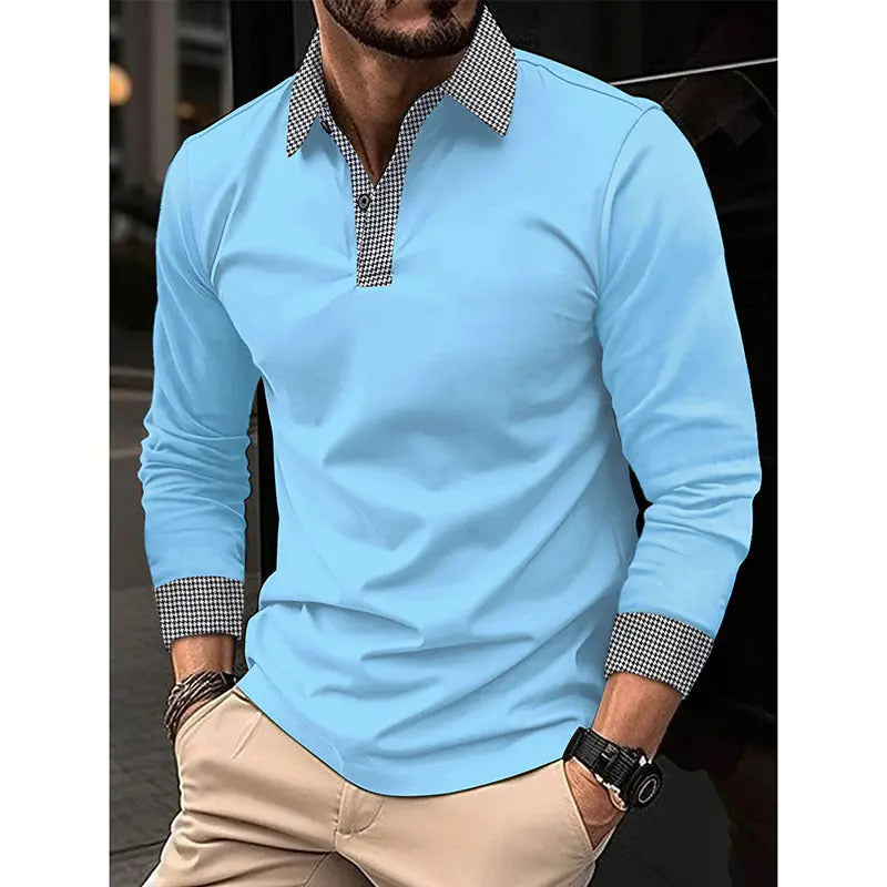 Black men's long-sleeved polo shirt by Shopezra L.L.C. with contrast color print, suitable for spring and autumn casual wear.