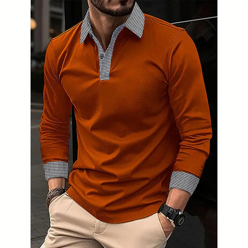 Black men's long-sleeved polo shirt by SHOPEZRA L.L.C. with contrast color print, suitable for spring and autumn casual wear.