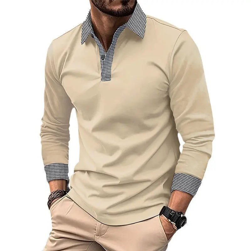 Black men's long-sleeved polo shirt with contrast color print, casual style for spring and autumn, by SHOPEZRA L.L.C.