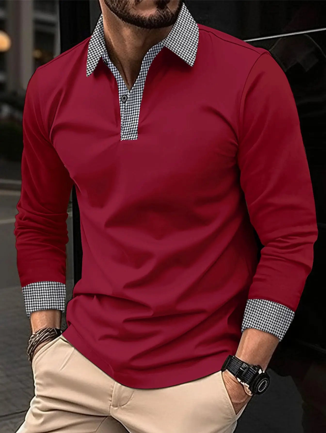Black men's long-sleeved polo shirt by Shopezra L.L.C., contrast color printed casual design for spring and autumn.