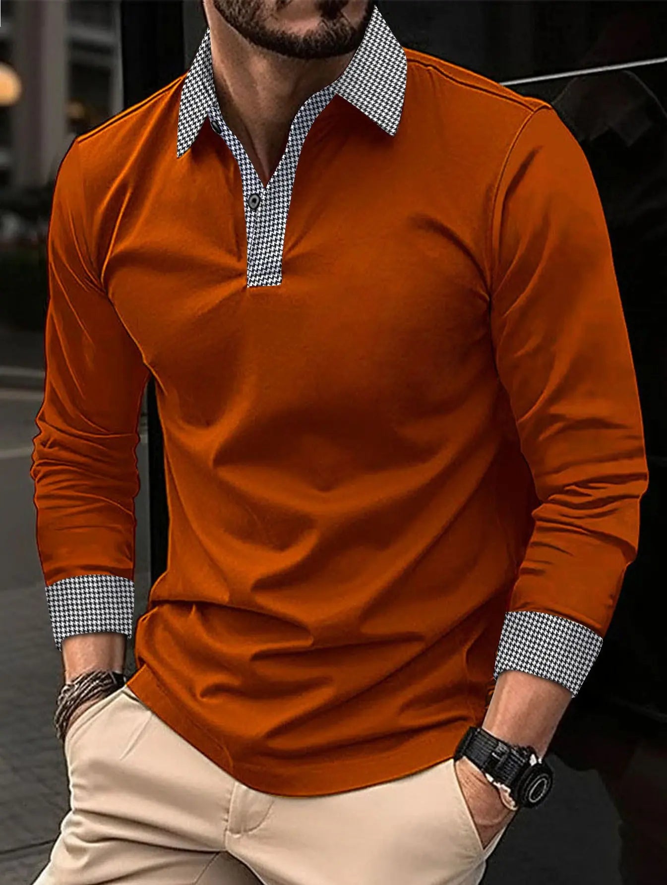 Black men's long-sleeved polo shirt by SHOPEZRA L.L.C. with contrast color print, suitable for spring and autumn casual wear.