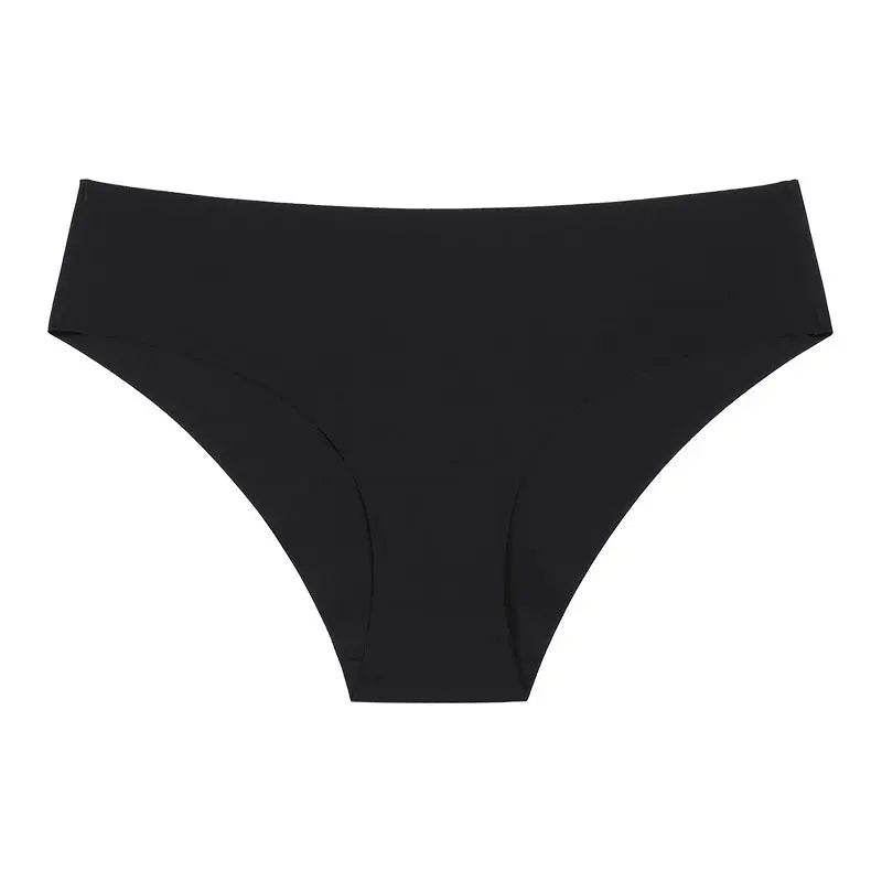 Black seamless ice silk underwear for women, breathable, skin-friendly, plus size, European style, sports waist, triangle design.