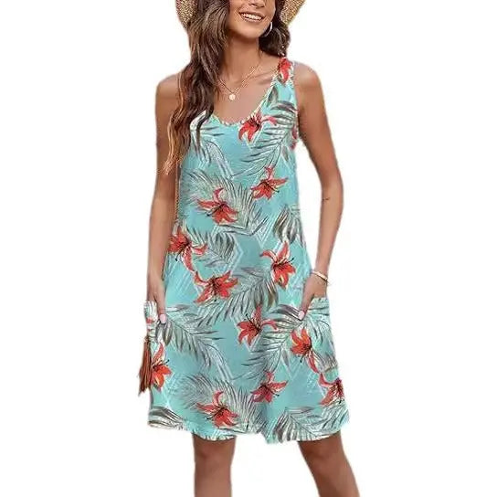 Black 2024 summer casual vest V-neck loose dress with floral print, pockets, and bohemian style, perfect for beach or casual wear.