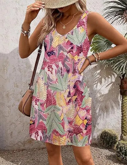Black 2024 summer casual vest dress with V-neck, loose fit, floral pattern, and pockets, perfect for bohemian beach style.