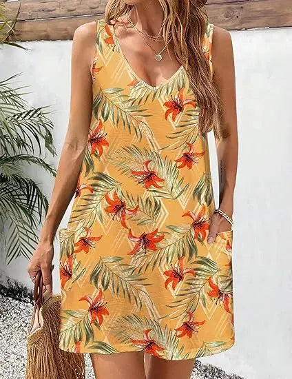 Black 2024 summer casual vest dress with V-neck, loose fit, floral pattern, and pockets, ideal for bohemian beach style.