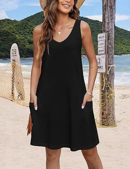 Black 2024 summer casual vest dress with V-neck, loose fit, floral pattern, pockets, perfect for bohemian beach style.
