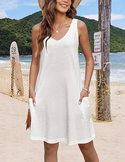 Black 2024 summer casual vest dress with V-neck, loose fit, floral pattern, pockets, perfect for bohemian beachwear.