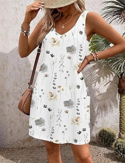 Black 2024 summer casual vest dress with V-neck, loose fit, floral print, pockets, bohemian style, perfect for beach or casual wear.