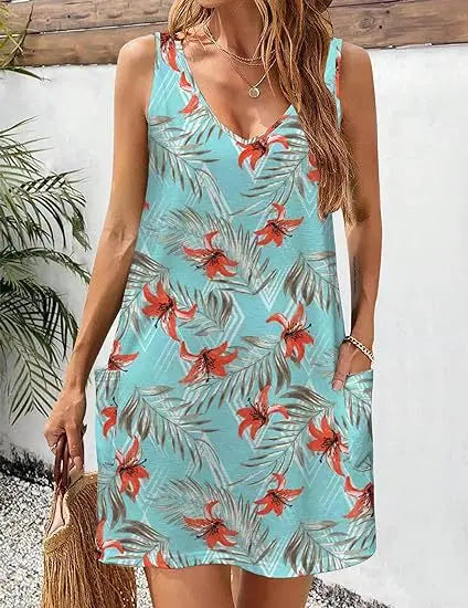 Black 2024 summer casual vest dress with V-neck, loose fit, floral pattern, and pockets, perfect for bohemian beach style.