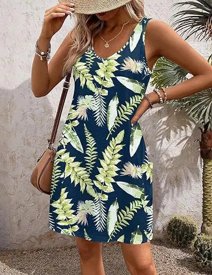 Black 2024 summer casual vest dress with V-neck, loose fit, floral pattern, pockets, and bohemian beach style by SHOPEZRA L.L.C.