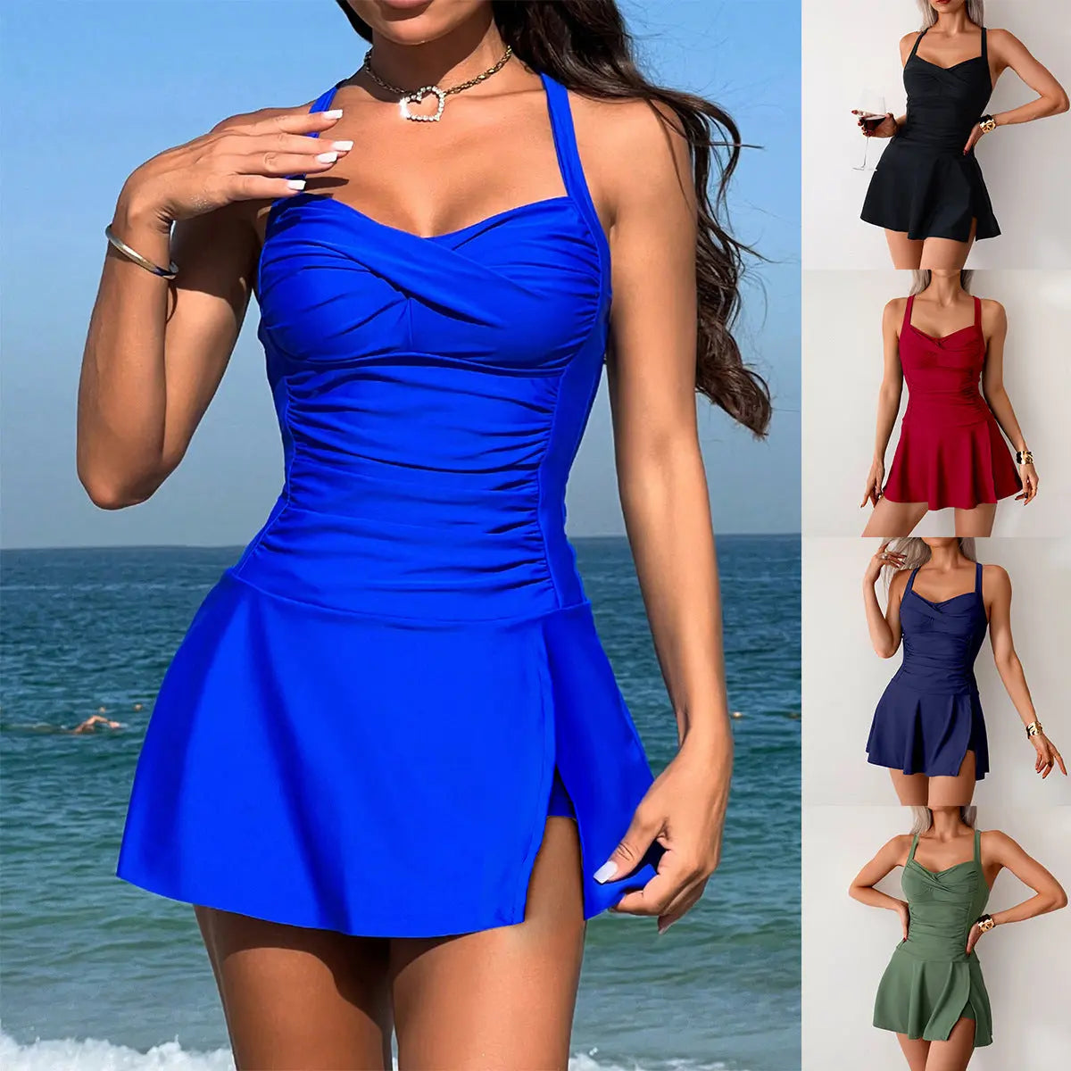 Black women's split swimsuit by SHOPEZRA L.L.C., featuring a hot spring-inspired design, plus size style, with skirt and boxer details.