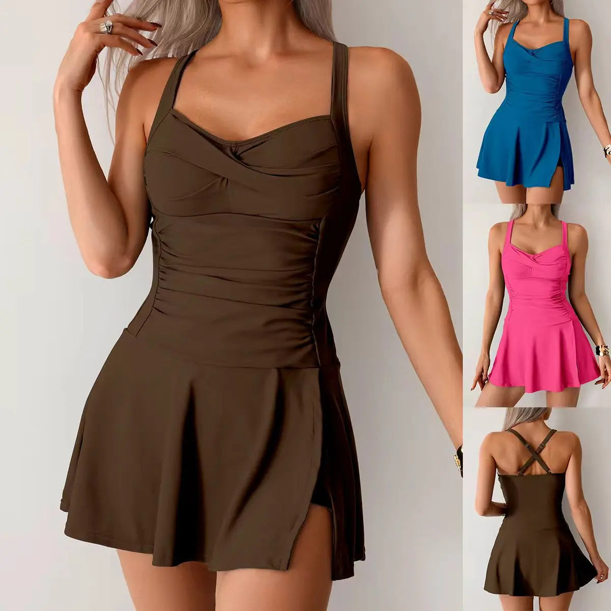 Black women's split swimsuit with skirt, hot spring-inspired design, plus size, by SHOPEZRA L.L.C., suitable for European and American styles.