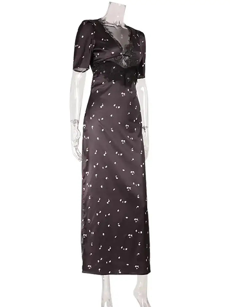 Ahagaga Eelgant Dresses For Women Patchwork Lace Floral V-Neck Short Sleeves Slim Fit Bodycon Trend Sheath Femlae Vestidos Robes by Dropshipman